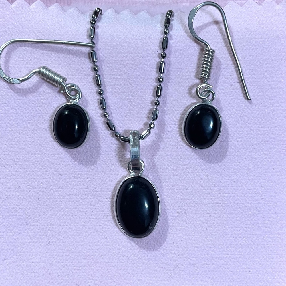 NEW GORGEOUS GENUINE NATURAL BLACK ONYX GEMSTONE STERLING SILVER NECKLACE SET